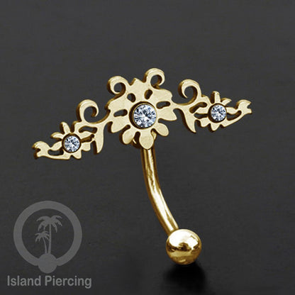 Anting Tindik Pusar/Navel Bar Stainless warna gold dengan kristal Zirconia