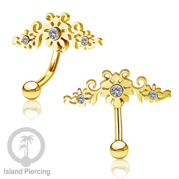Anting Tindik Pusar/Navel Bar Stainless warna gold dengan kristal Zirconia
