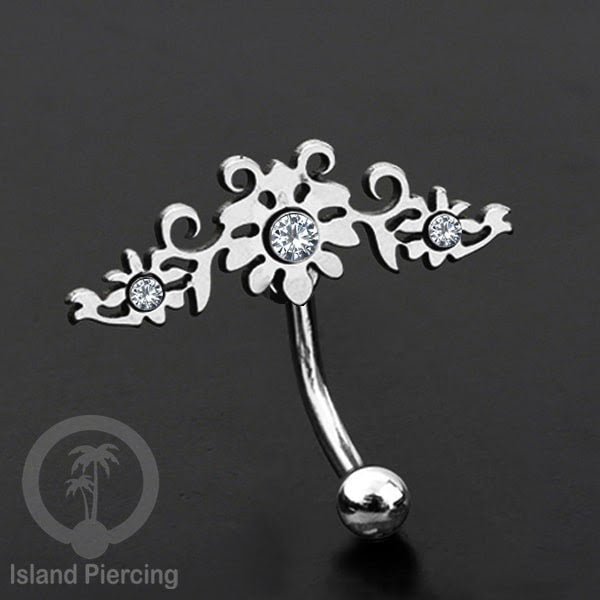 Anting Tindik Pusar/Navel Bar Stainless warna silver dengan kristal Zirconia
