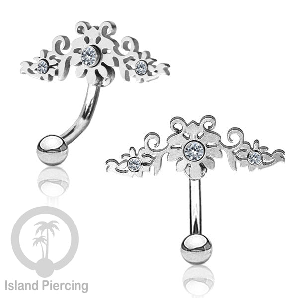 Anting Tindik Pusar/Navel Bar Stainless warna silver dengan kristal Zirconia