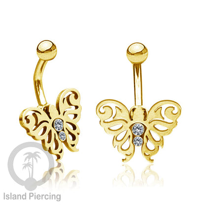 Anting Tindik Pusar/Navel Bar Stainless warna gold dengan kristal Zirconia