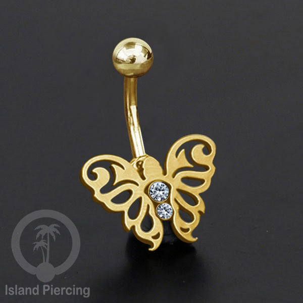 Anting Tindik Pusar/Navel Bar Stainless warna gold dengan kristal Zirconia