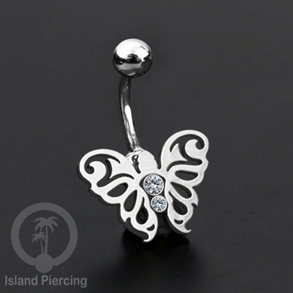 Anting Tindik Pusar/Navel Bar Stainless warna silver dengan kristal Zirconia