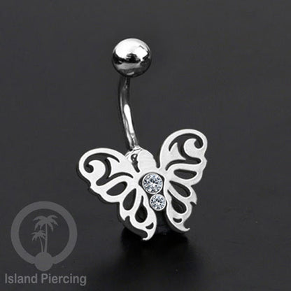 Anting Tindik Pusar/Navel Bar Stainless warna silver dengan kristal Zirconia