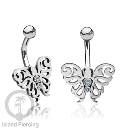 Anting Tindik Pusar/Navel Bar Stainless warna silver dengan kristal Zirconia