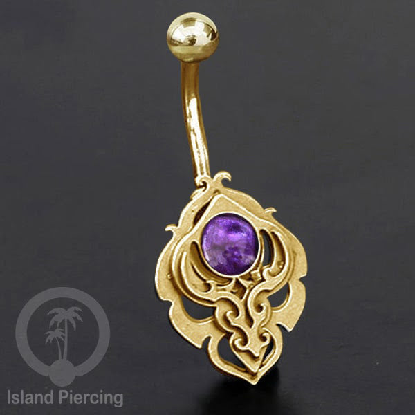Anting Tindik Pusar/Navel Bar Stainless warna gold motif unik dengan variasi warna Resin