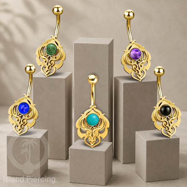 Anting Tindik Pusar/Navel Bar Stainless warna gold motif unik dengan variasi warna Resin