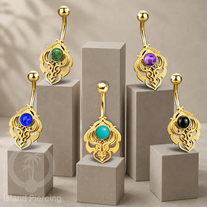 Anting Tindik Pusar/Navel Bar Stainless warna gold motif unik dengan variasi warna Resin