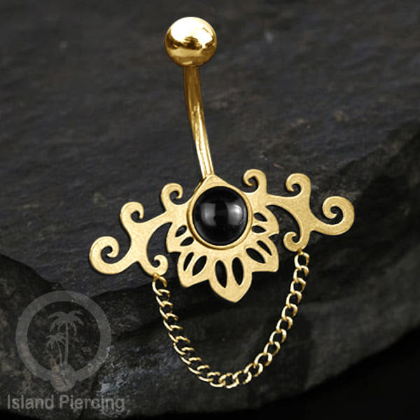 Anting Tindik Pusar/Navel Bar Stainless dengan rantai warna gold dengan variasi warna Resin