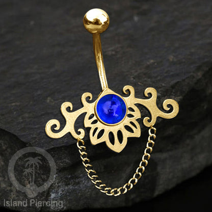 Anting Tindik Pusar/Navel Bar Stainless dengan rantai warna gold dengan variasi warna Resin