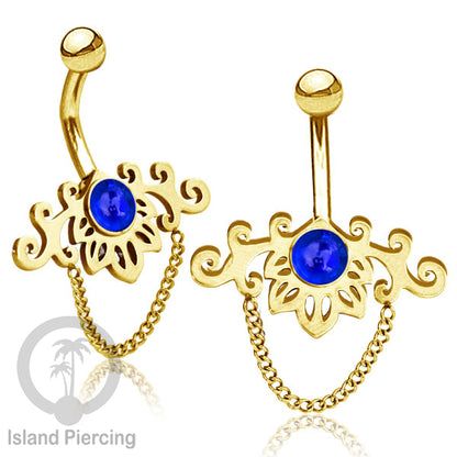 Anting Tindik Pusar/Navel Bar Stainless dengan rantai warna gold dengan variasi warna Resin