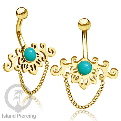 Anting Tindik Pusar/Navel Bar Stainless dengan rantai warna gold dengan variasi warna Resin