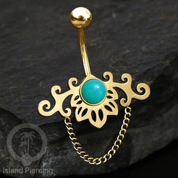 Anting Tindik Pusar/Navel Bar Stainless dengan rantai warna gold dengan variasi warna Resin