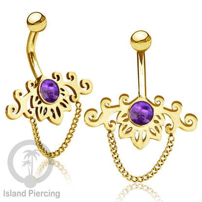 Anting Tindik Pusar/Navel Bar Stainless dengan rantai warna gold dengan variasi warna Resin