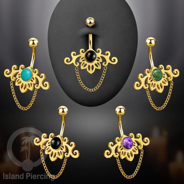 Anting Tindik Pusar/Navel Bar Stainless dengan rantai warna gold dengan variasi warna Resin