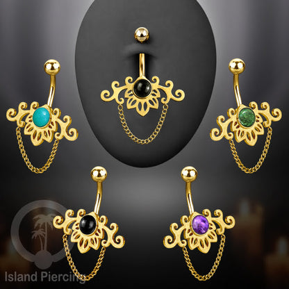 Anting Tindik Pusar/Navel Bar Stainless dengan rantai warna gold dengan variasi warna Resin