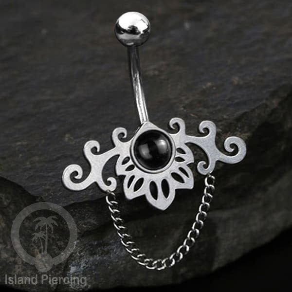 Anting Tindik Pusar/Navel Bar Stainless dengan rantai warna silver dengan variasi warna Resin