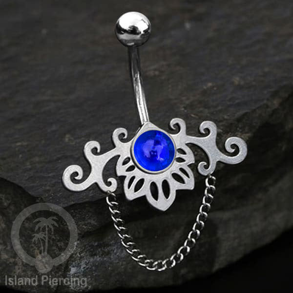 Anting Tindik Pusar/Navel Bar Stainless dengan rantai warna silver dengan variasi warna Resin