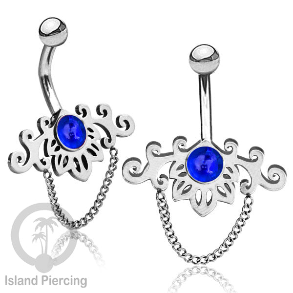 Anting Tindik Pusar/Navel Bar Stainless dengan rantai warna silver dengan variasi warna Resin
