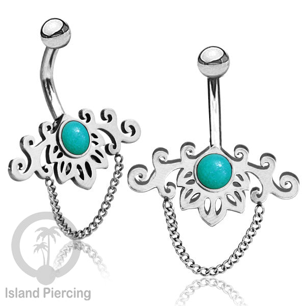 Anting Tindik Pusar/Navel Bar Stainless dengan rantai warna silver dengan variasi warna Resin