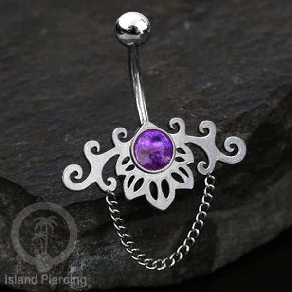 Anting Tindik Pusar/Navel Bar Stainless dengan rantai warna silver dengan variasi warna Resin