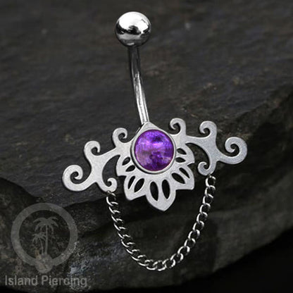 Anting Tindik Pusar/Navel Bar Stainless dengan rantai warna silver dengan variasi warna Resin