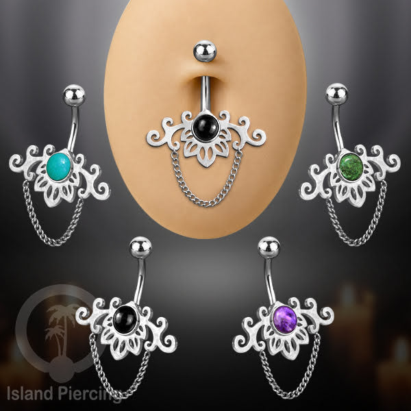 Anting Tindik Pusar/Navel Bar Stainless dengan rantai warna silver dengan variasi warna Resin