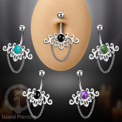 Anting Tindik Pusar/Navel Bar Stainless dengan rantai warna silver dengan variasi warna Resin