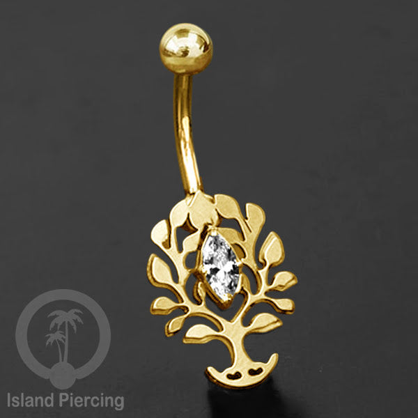 Anting Tindik Pusar/Navel Bar Stainless warna gold dengan kristal Zirconia