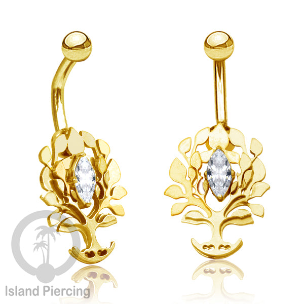 Anting Tindik Pusar/Navel Bar Stainless warna gold dengan kristal Zirconia