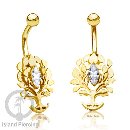 Anting Tindik Pusar/Navel Bar Stainless warna gold dengan kristal Zirconia
