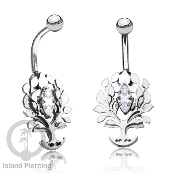 Anting Tindik Pusar/Navel Bar Stainless warna silver dengan kristal Zirconia