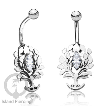 Anting Tindik Pusar/Navel Bar Stainless warna silver dengan kristal Zirconia