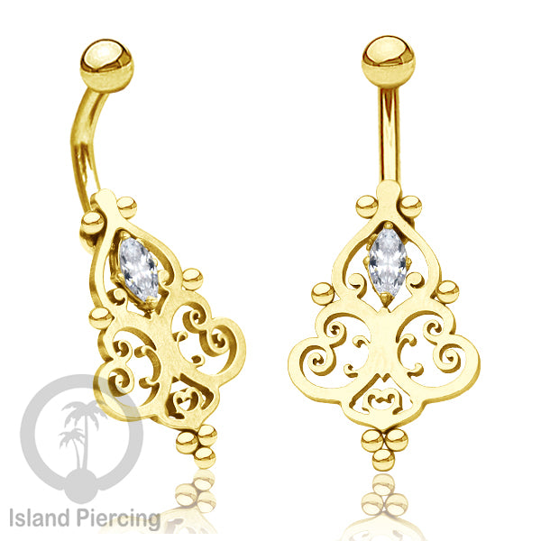 Anting Tindik Pusar/Navel Bar Stainless warna gold dengan kristal Zirconia