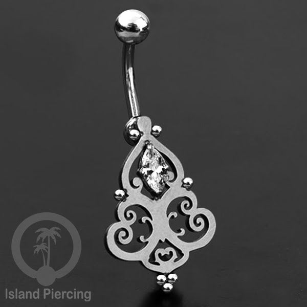Anting Tindik Pusar/Navel Bar Stainless warna silver dengan kristal Zirconia