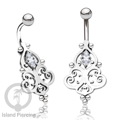 Anting Tindik Pusar/Navel Bar Stainless warna silver dengan kristal Zirconia
