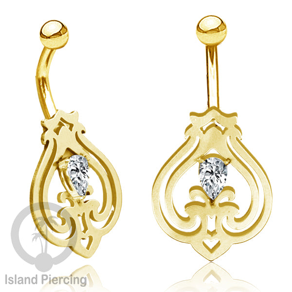Anting Tindik Pusar/Navel Bar Stainless warna gold dengan kristal Zirconia