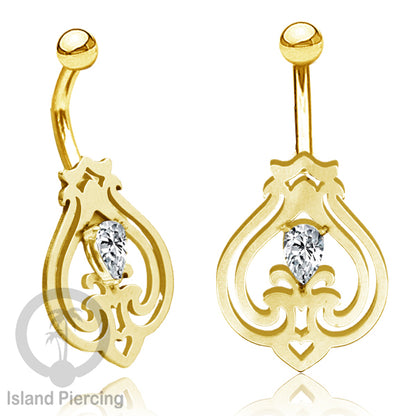 Anting Tindik Pusar/Navel Bar Stainless warna gold dengan kristal Zirconia