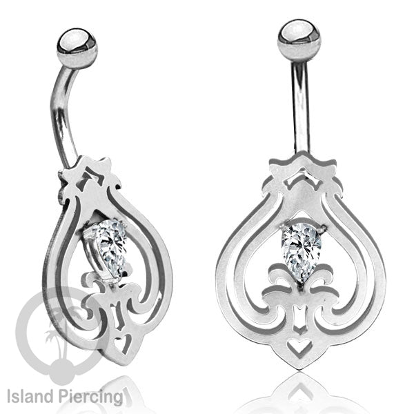 Anting Tindik Pusar/Navel Bar Stainless warna silver dengan kristal Zirconia