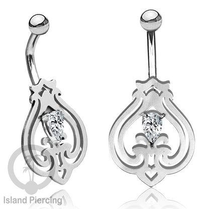 Anting Tindik Pusar/Navel Bar Stainless warna silver dengan kristal Zirconia