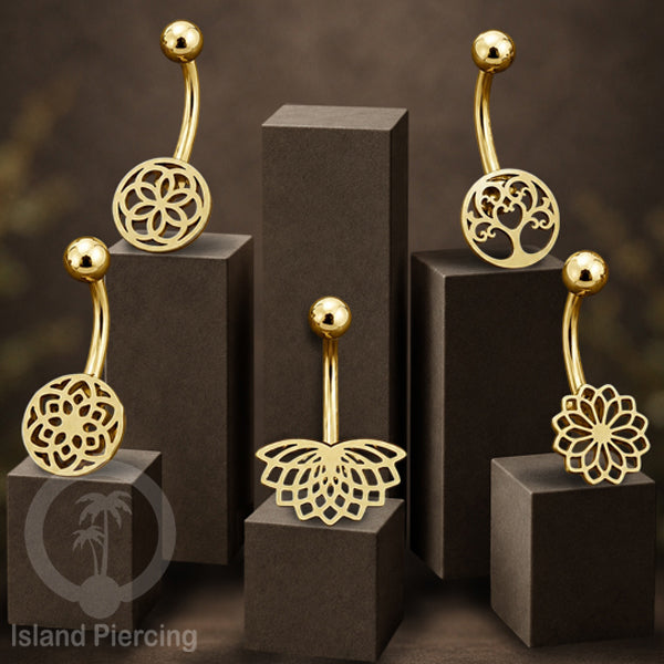 Anting Tindik Pusar Stainless Steel Navel Bar warna gold motif Mandala, Tree of Life, Flower of Life...