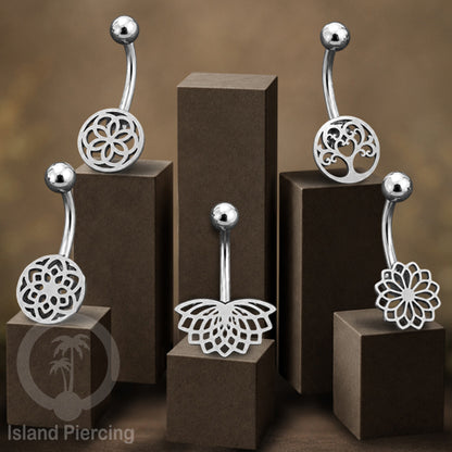 Anting Tindik Pusar Stainless Steel Navel Bar warna silver motif Mandala, Tree of Life, Flower of Life...