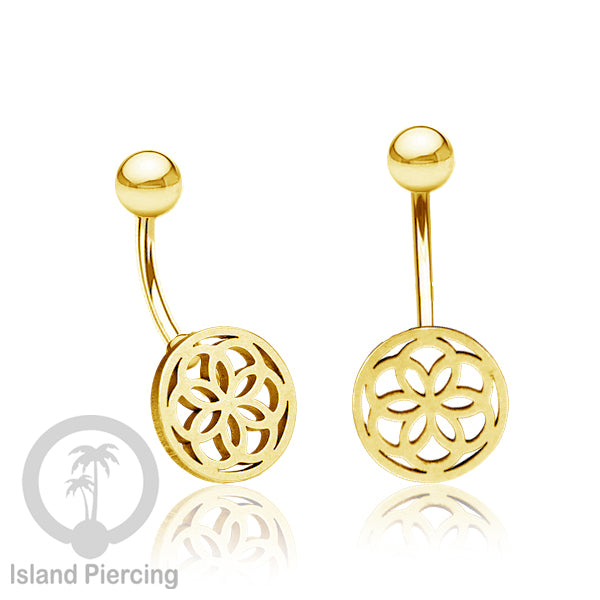 Anting Tindik Pusar Stainless Steel Navel Bar warna gold motif Mandala, Tree of Life, Flower of Life...