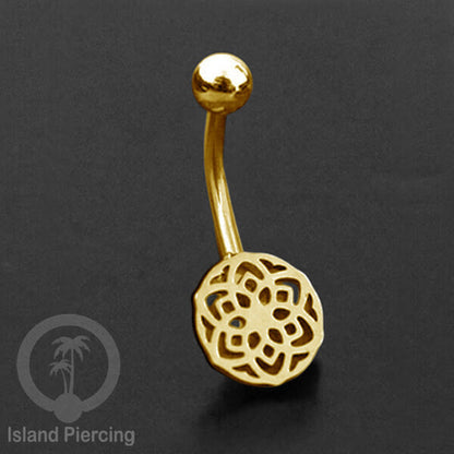 Anting Tindik Pusar Stainless Steel Navel Bar warna gold motif Mandala, Tree of Life, Flower of Life...