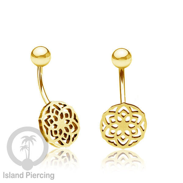 Anting Tindik Pusar Stainless Steel Navel Bar warna gold motif Mandala, Tree of Life, Flower of Life...