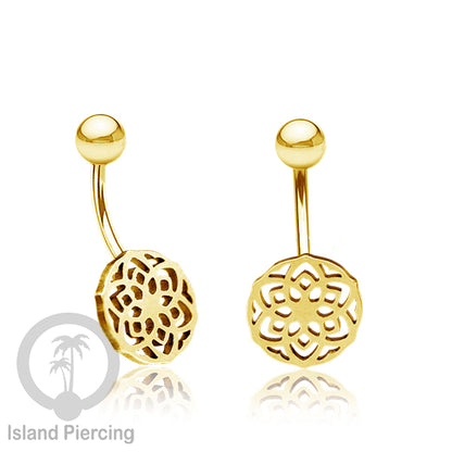 Anting Tindik Pusar Stainless Steel Navel Bar warna gold motif Mandala, Tree of Life, Flower of Life...