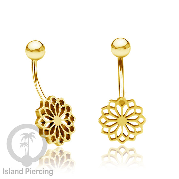 Anting Tindik Pusar Stainless Steel Navel Bar warna gold motif Mandala, Tree of Life, Flower of Life...