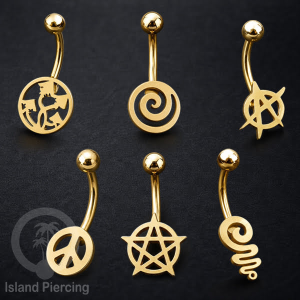 Anting Tindik Pusar Stainless Steel Navel Bar warna gold motif Peace, Spiral, Pentagram, Anarchy...