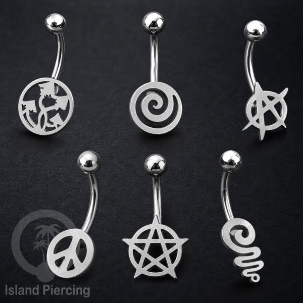 Anting Tindik Pusar Stainless Steel Navel Bar warna silver motif Peace, Spiral, Pentagram, Anarchy...