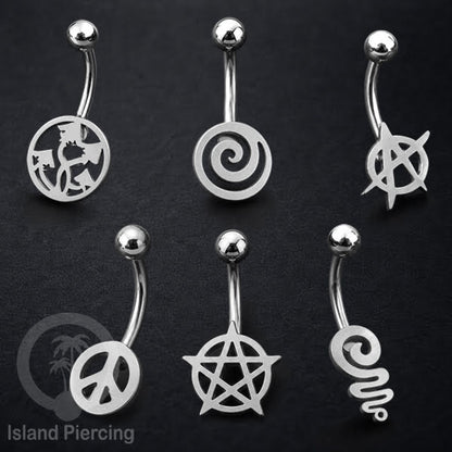 Anting Tindik Pusar Stainless Steel Navel Bar warna silver motif Peace, Spiral, Pentagram, Anarchy...